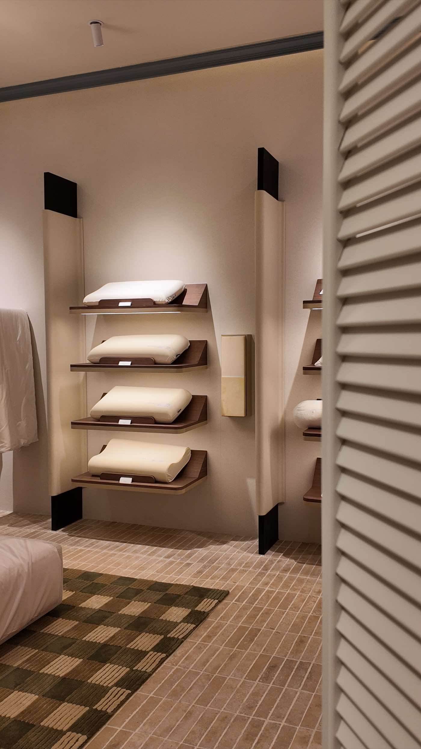Pillow shelves beside a ribbed plaster wall, above a checkerboard rug